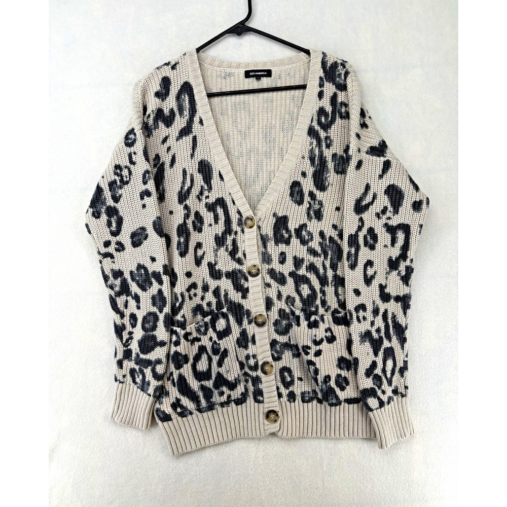 525 America Leopard Print Knit V-Neck Button Cardigan Sweater Pockets Women M